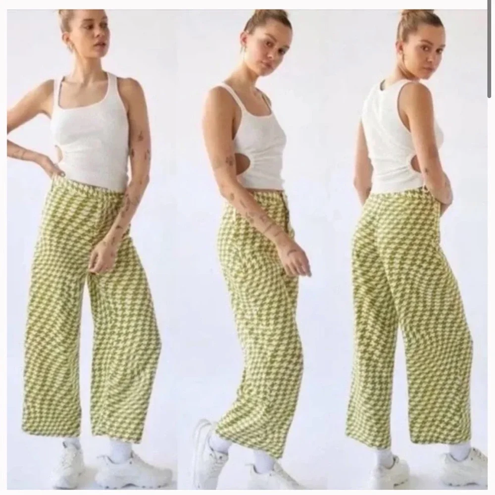 Urban Outfitters Olympia Crop Pants Mustard Green/White High Waisted Wide Leg L - Picture 5 of 7